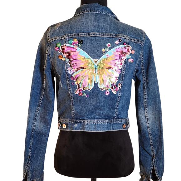 CUSTOM Jackets & Blazers - CUSTOM Butterfly in Bloom Sequin Denim Jacket, Size Small